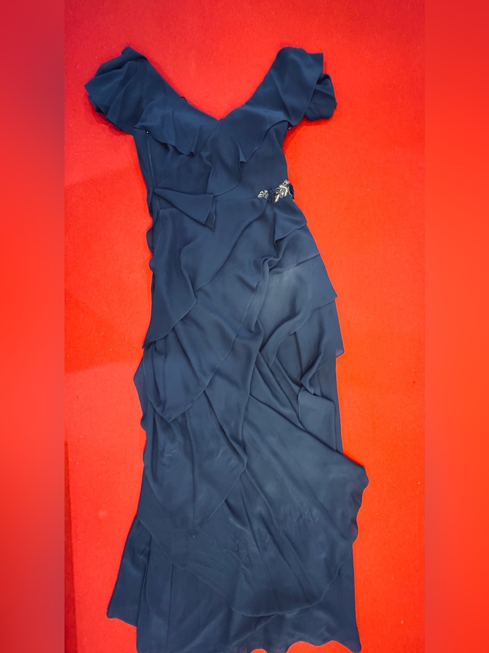 Rickie Freeman For Teri Jon Navy Ruffled V-Neck Evening Gown With Beadwork Sz. 8